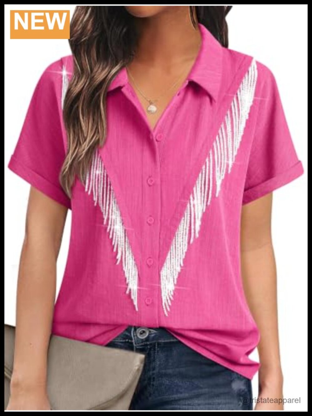 Western Cowgirl Rhinestone Fringe Button Down Shirt Rolled Cuff Short Sleeve